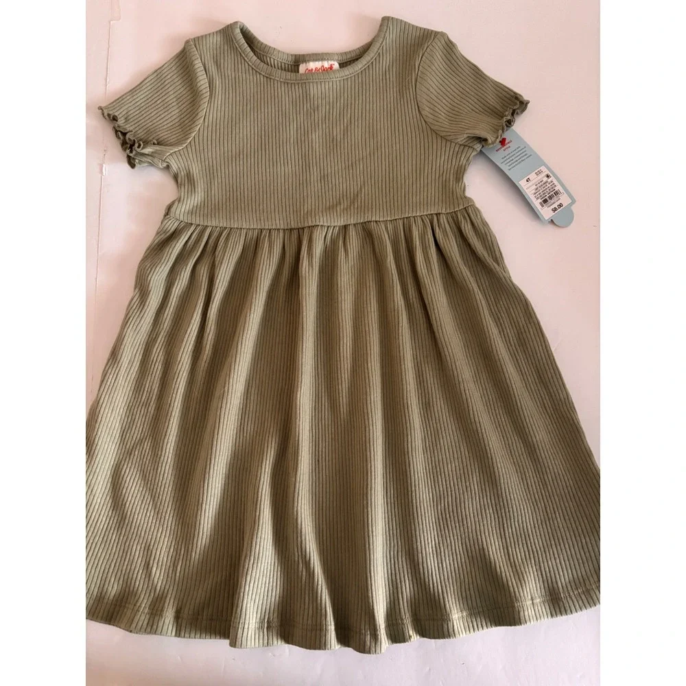 Cat & Jack Girls Light Olive Ribbed Short Sleeve‎ Dress 4T NWT